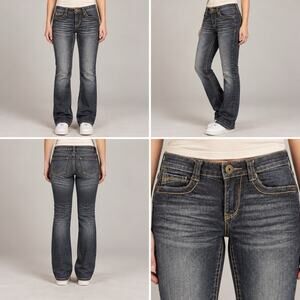 Mudd Jeans Juniors 7 Dark Blue Wash Faded Whiskered Contrast Stitch Denim